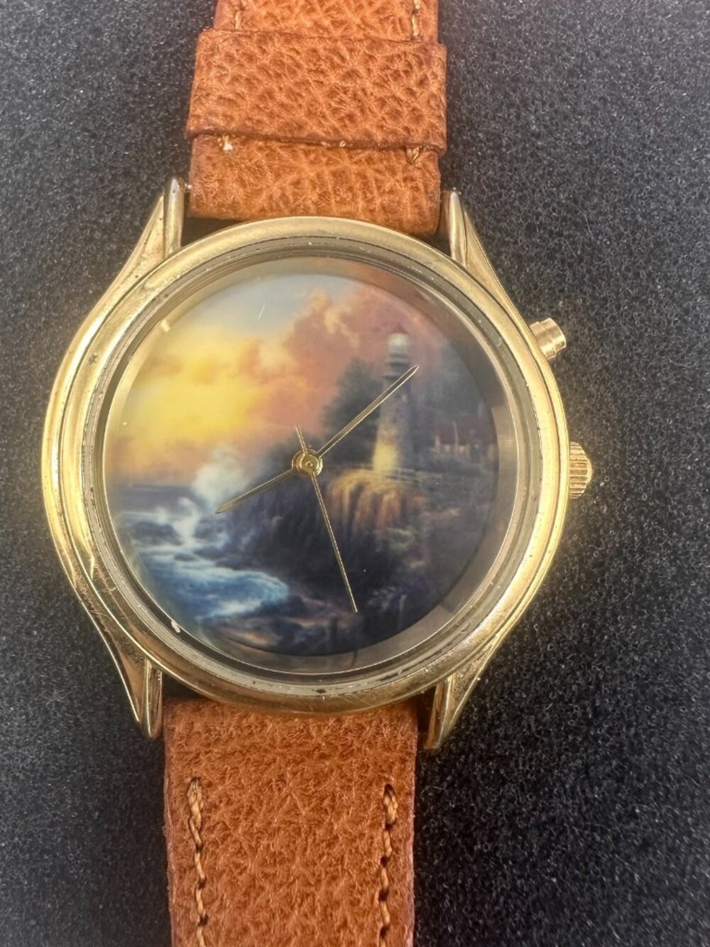 Vintage Thomas Kinkade Watch Women Gold Tone Brown Leather Band New Battery 8"